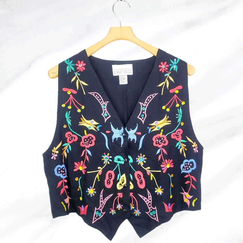 Vintage Pier 1 Imports Vest Colorful Embroidery Sequins Floral Black Red Blue